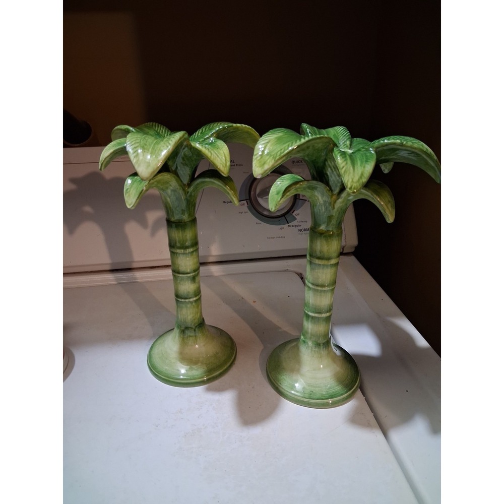 VTG Pair Of Of Ceramic Palm Tree Taper Candle Holders Made In Italy